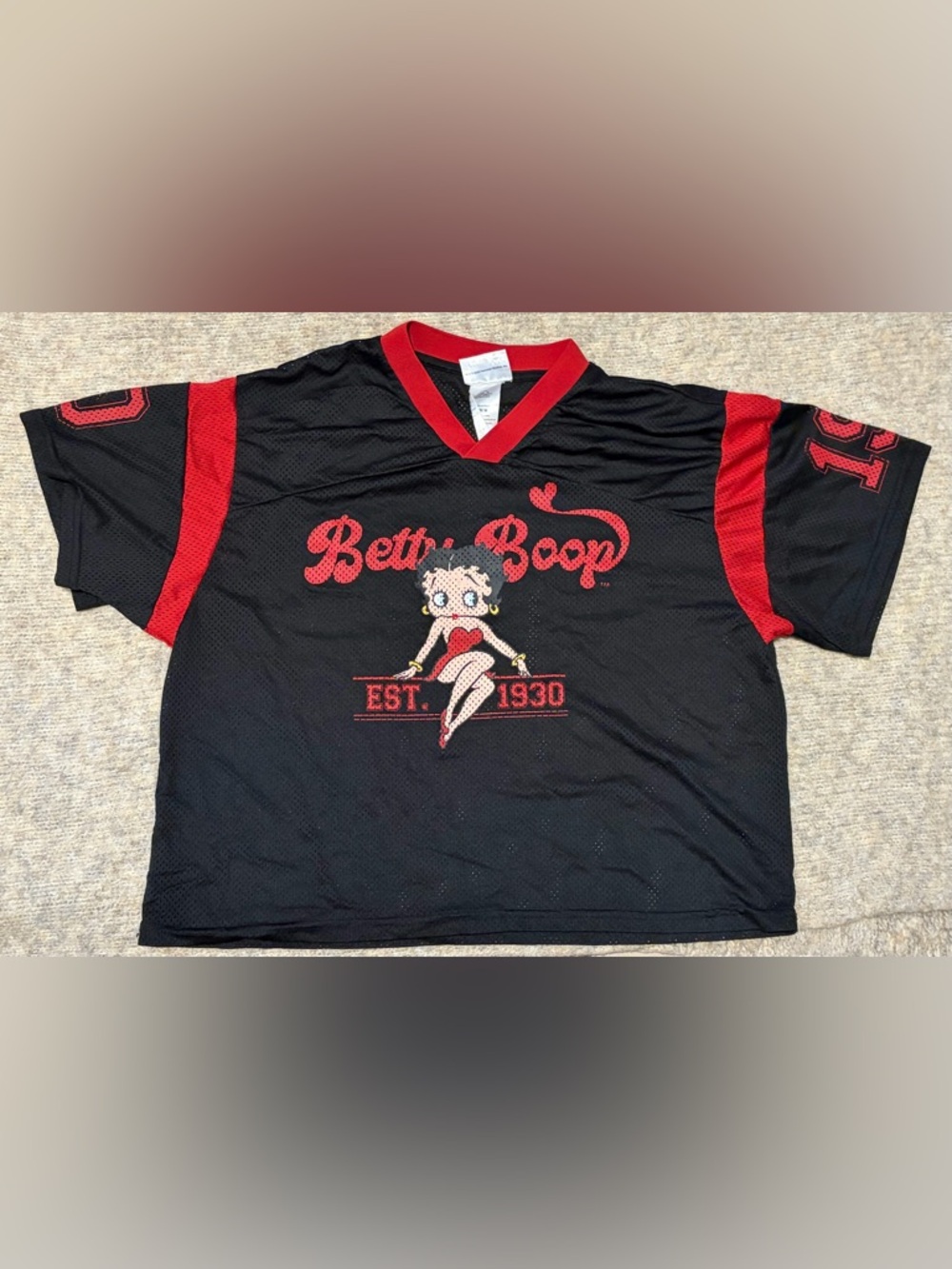 Betty Boop Mesh Jersey Y2K Fleischer Studios Graphic Black Red Retro Top- Size M